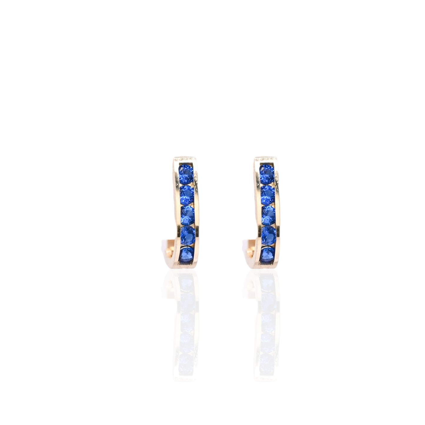 Sapphire Channel Set U-Shaped Hoop Earrings 14K Yellow Gold 2.21mm Thick/7.44mm Diameter
