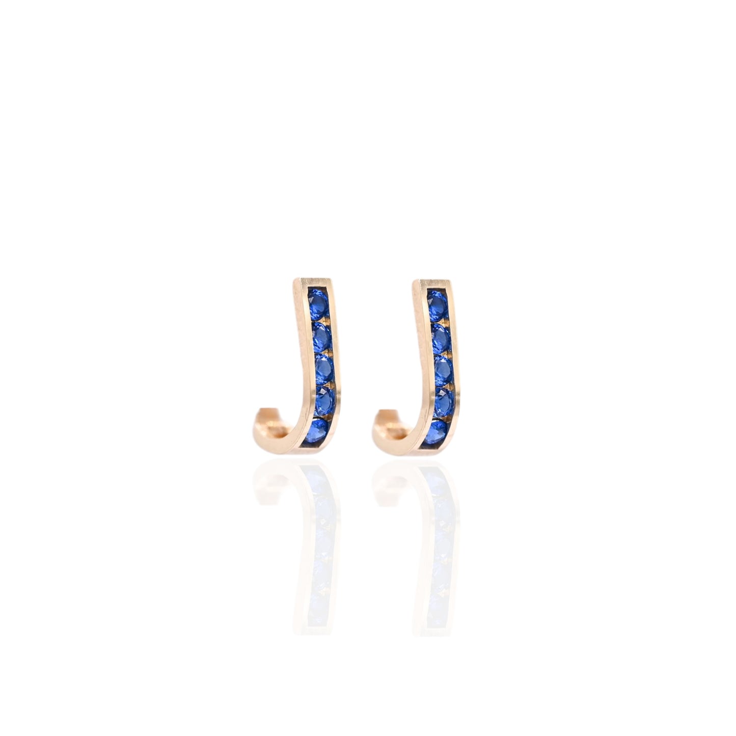 Sapphire Channel Set U-Shaped Hoop Earrings 14K Yellow Gold 2.21mm Thick/7.44mm Diameter
