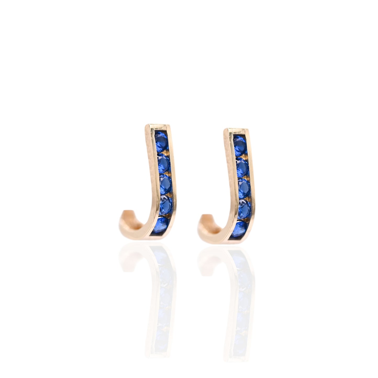 Sapphire Channel Set U-Shaped Hoop Earrings 14K Yellow Gold 2.21mm Thick/7.44mm Diameter