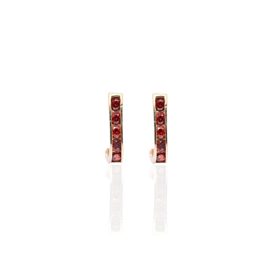 Garnet Channel Set U-Shaped Hoop Earrings 14K Yellow Gold 2.08mm Thick/7.74mm Diameter