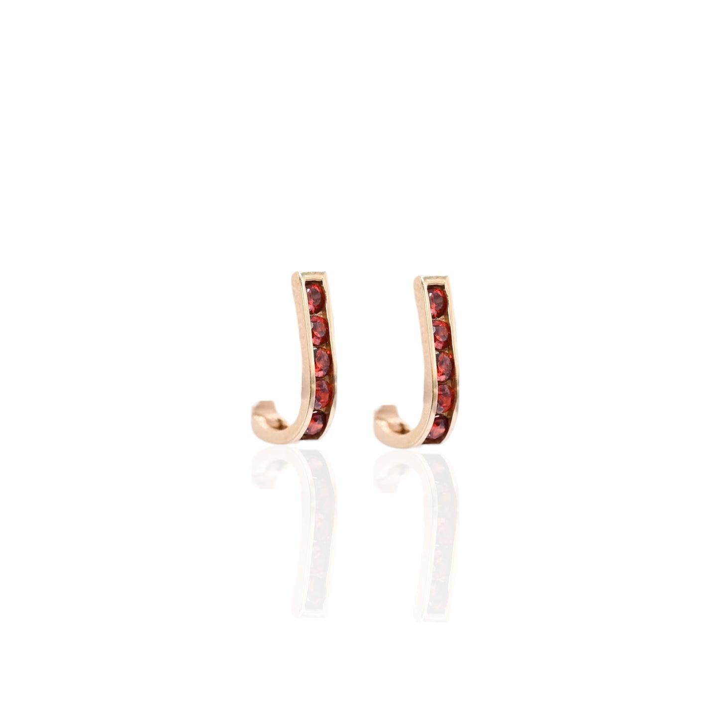 Garnet Channel Set U-Shaped Hoop Earrings 14K Yellow Gold 2.08mm Thick/7.74mm Diameter