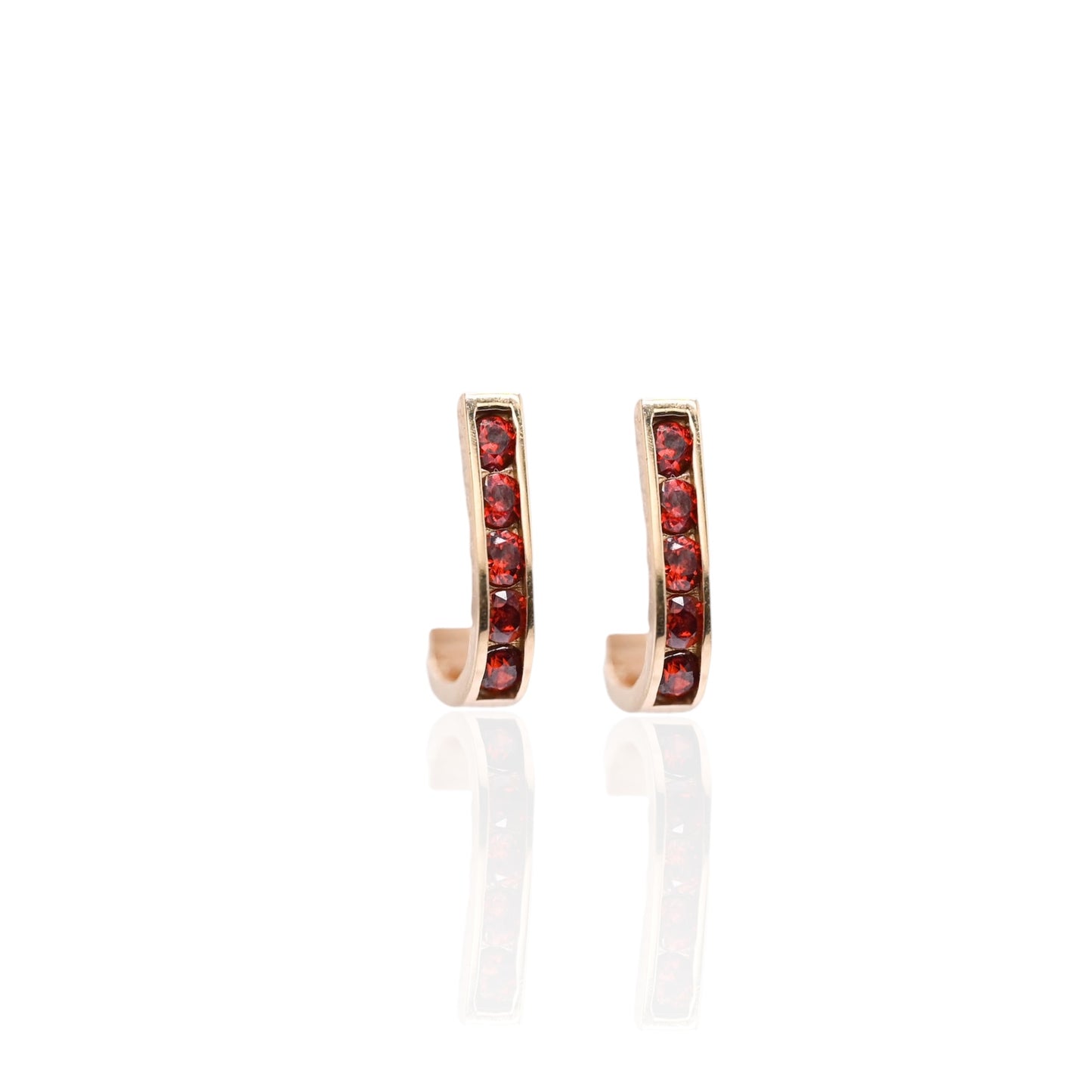 Garnet Channel Set U-Shaped Hoop Earrings 14K Yellow Gold 2.08mm Thick/7.74mm Diameter