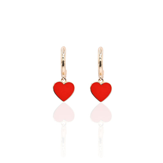 Red Enamel Heart Hoop Earrings 14K Yellow Gold 1.60mm Thick/10.38mm Diameter