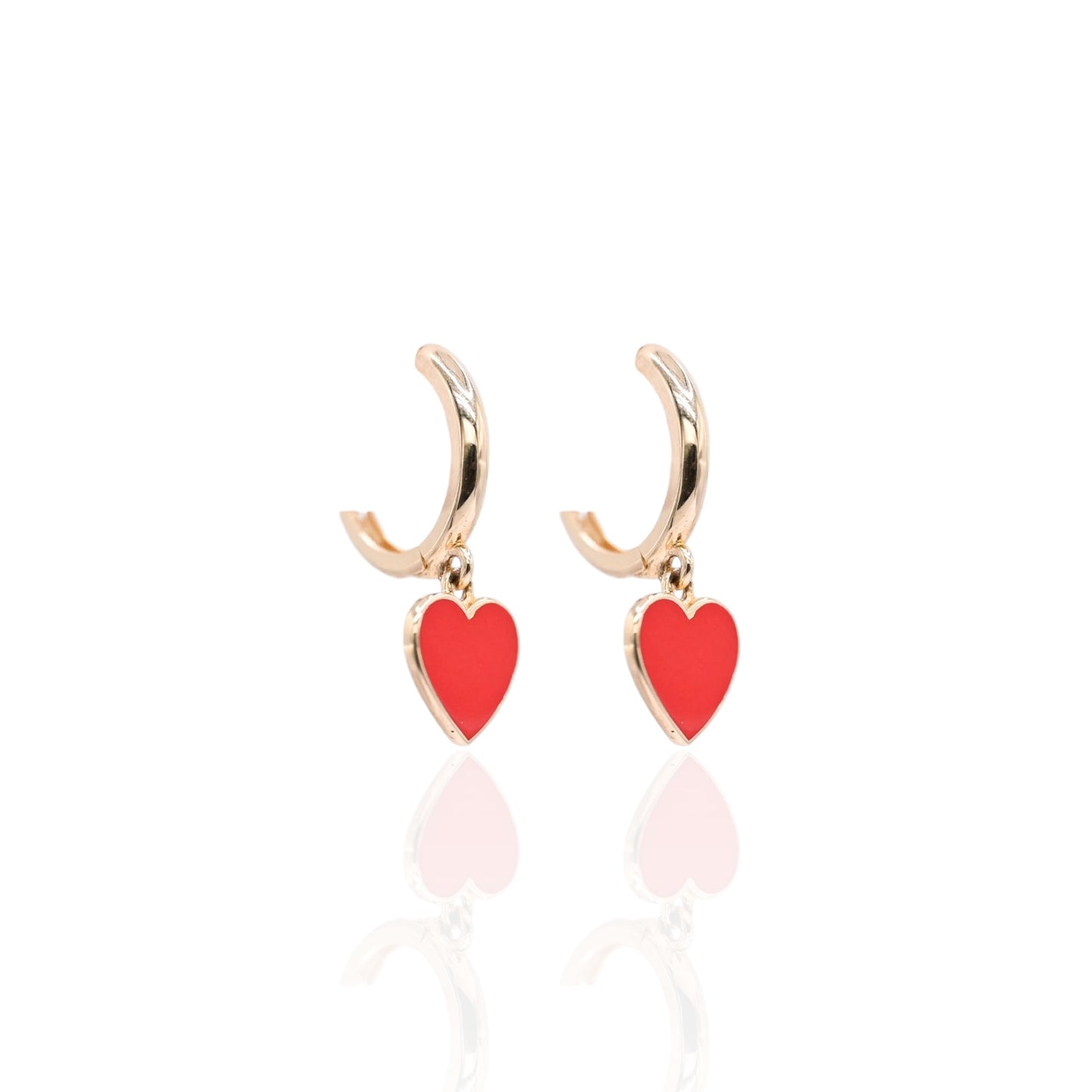 Red Enamel Heart Hoop Earrings 14K Yellow Gold 1.60mm Thick/10.38mm Diameter
