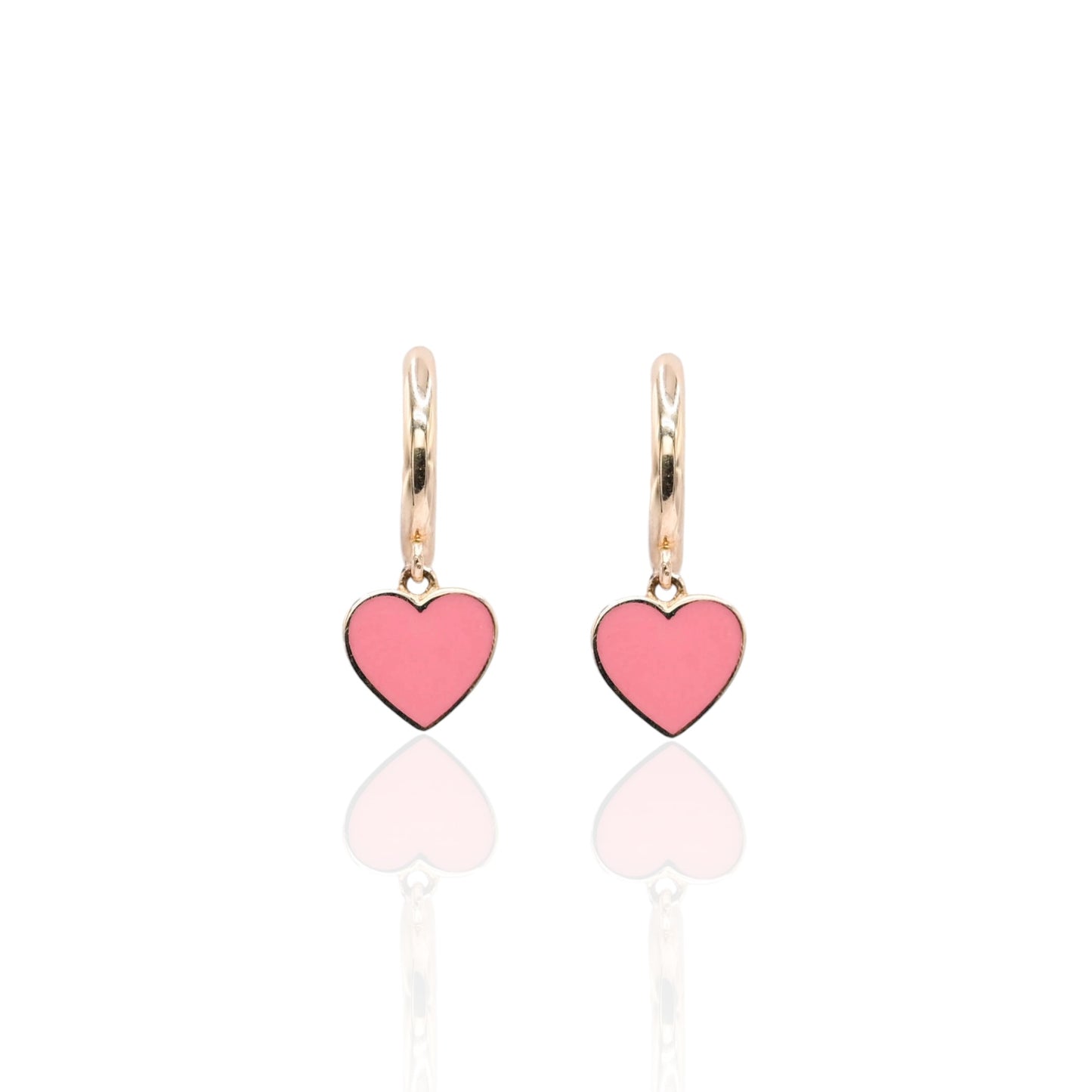 Pink Enamel Heart Hoop Earrings 14K Yellow Gold 1.50mm Thick/10.58mm Diameter