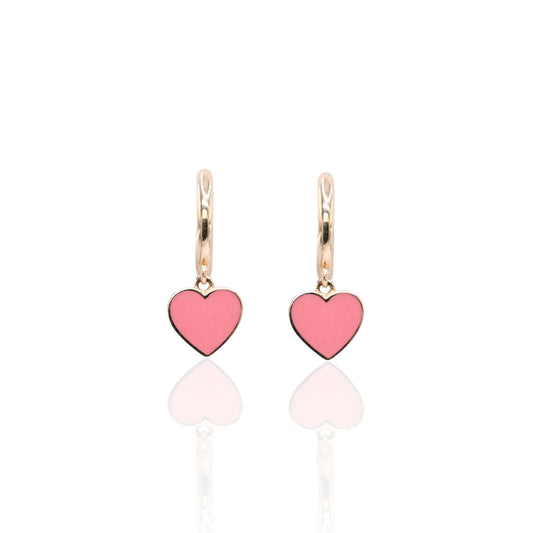 Pink Enamel Heart Hoop Earrings 14K Yellow Gold 1.50mm Thick/10.58mm Diameter