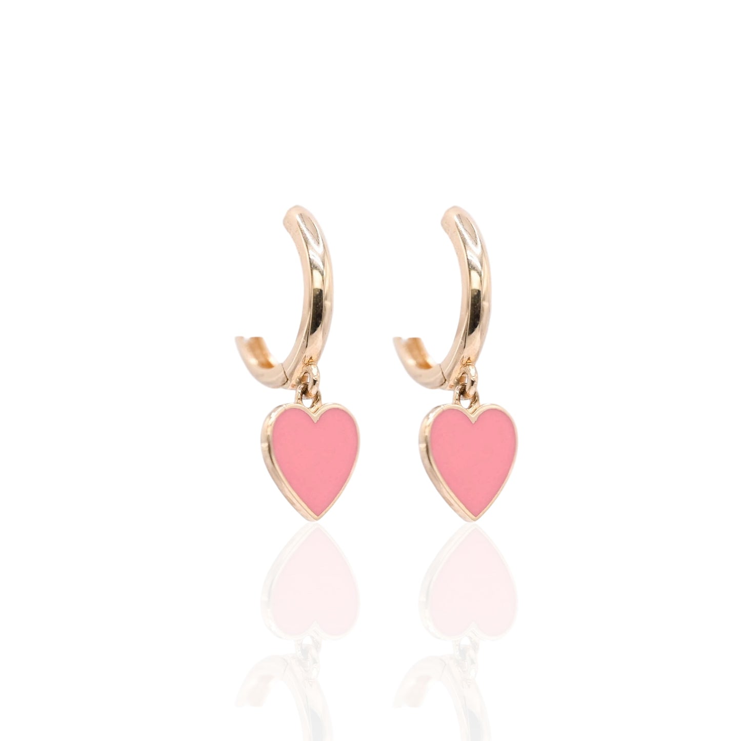 Pink Enamel Heart Hoop Earrings 14K Yellow Gold 1.50mm Thick/10.58mm Diameter