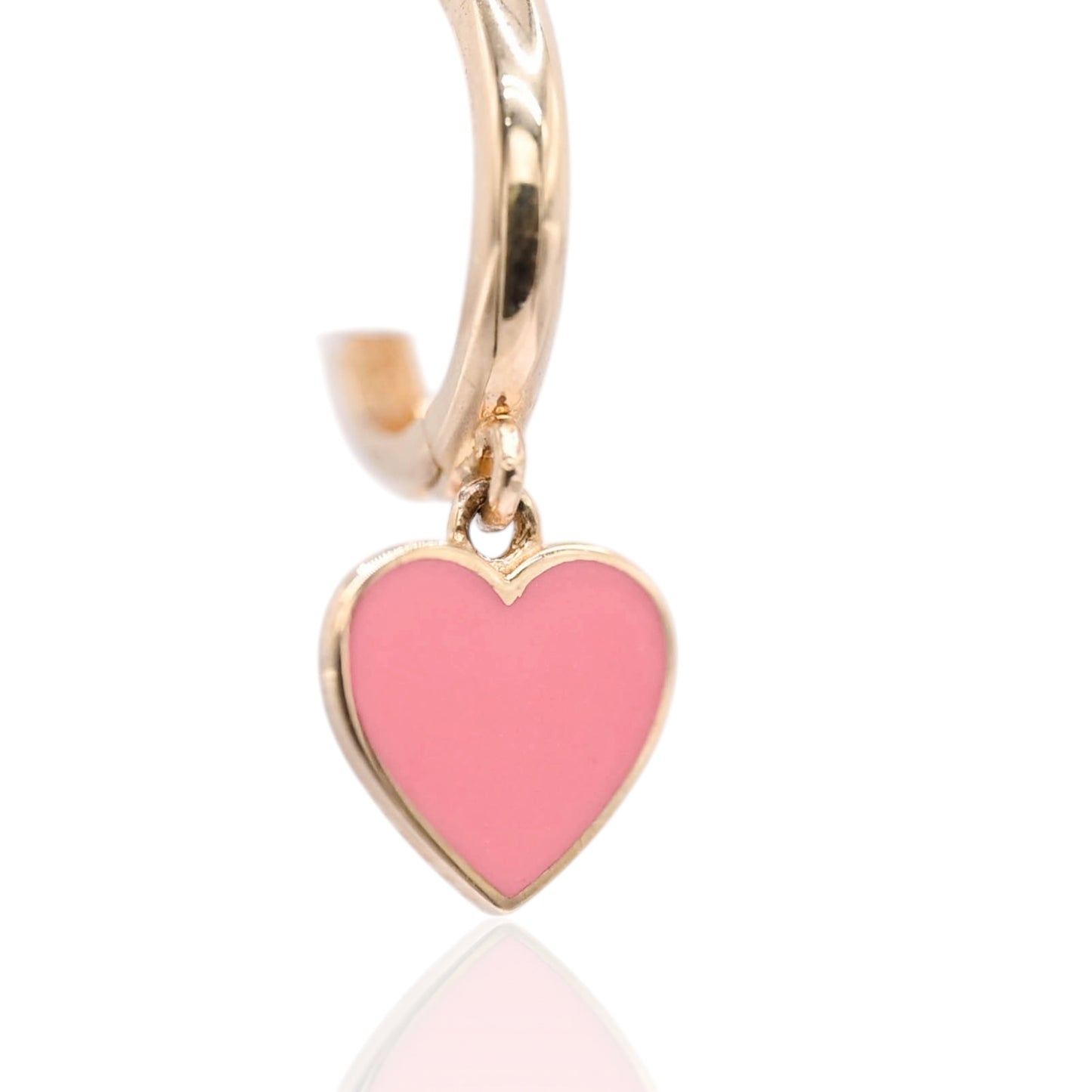 Pink Enamel Heart Hoop Earrings 14K Yellow Gold 1.50mm Thick/10.58mm Diameter