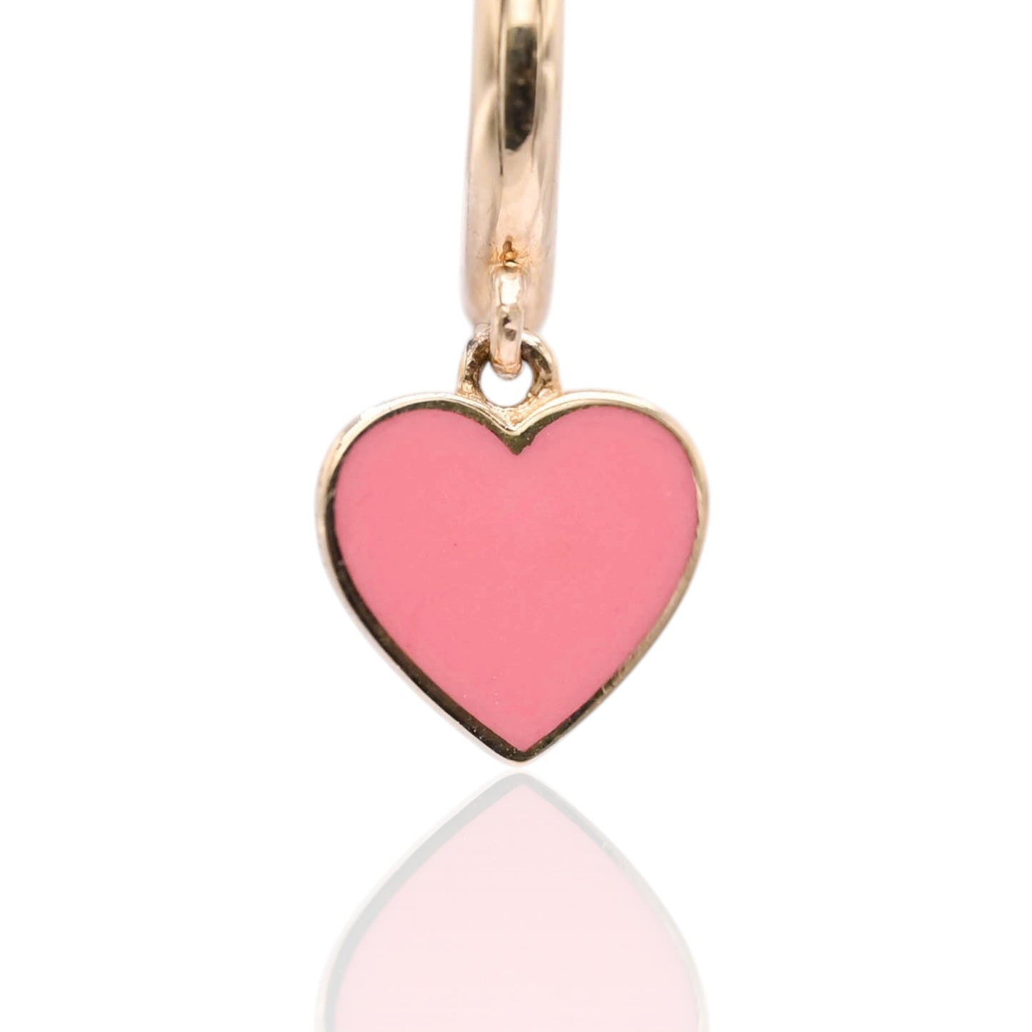Pink Enamel Heart Hoop Earrings 14K Yellow Gold 1.50mm Thick/10.58mm Diameter