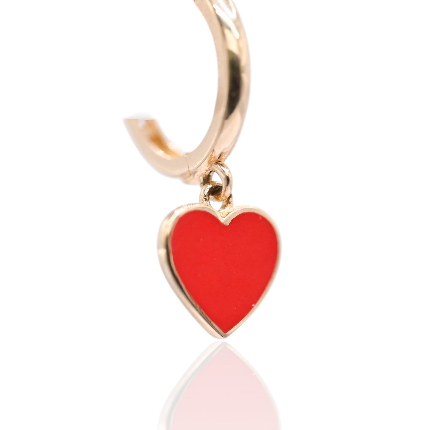 Red Enamel Heart Hoop Earrings 14K Yellow Gold 1.60mm Thick/10.38mm Diameter