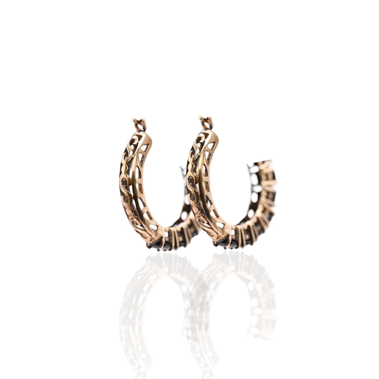Black Cubic Zirconia Hoop Earrings 14K Yellow Gold 3.29mm Thick/18.06mm Diameter