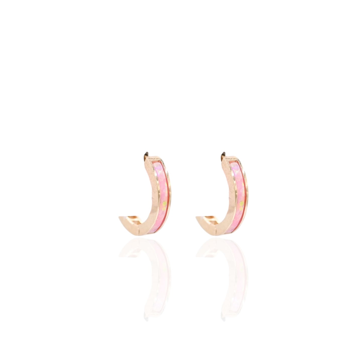 Pink Opal Huggie Earrings 14K Yellow Gold 1.94mm Thick/10.14mm Diameter