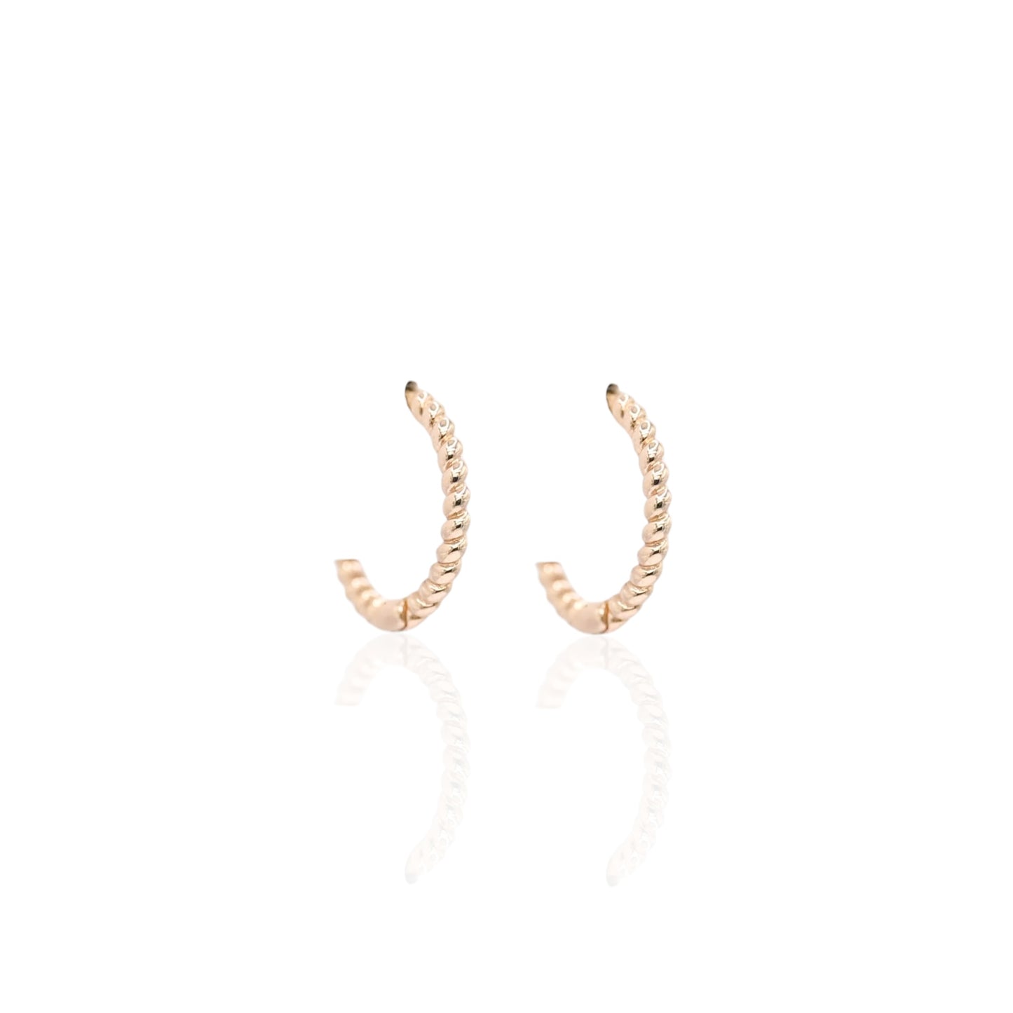 Beaded Twist Hoop Huggie Earrings 14K Yellow Gold 1.23mm Thick/11.36mm Diameter
