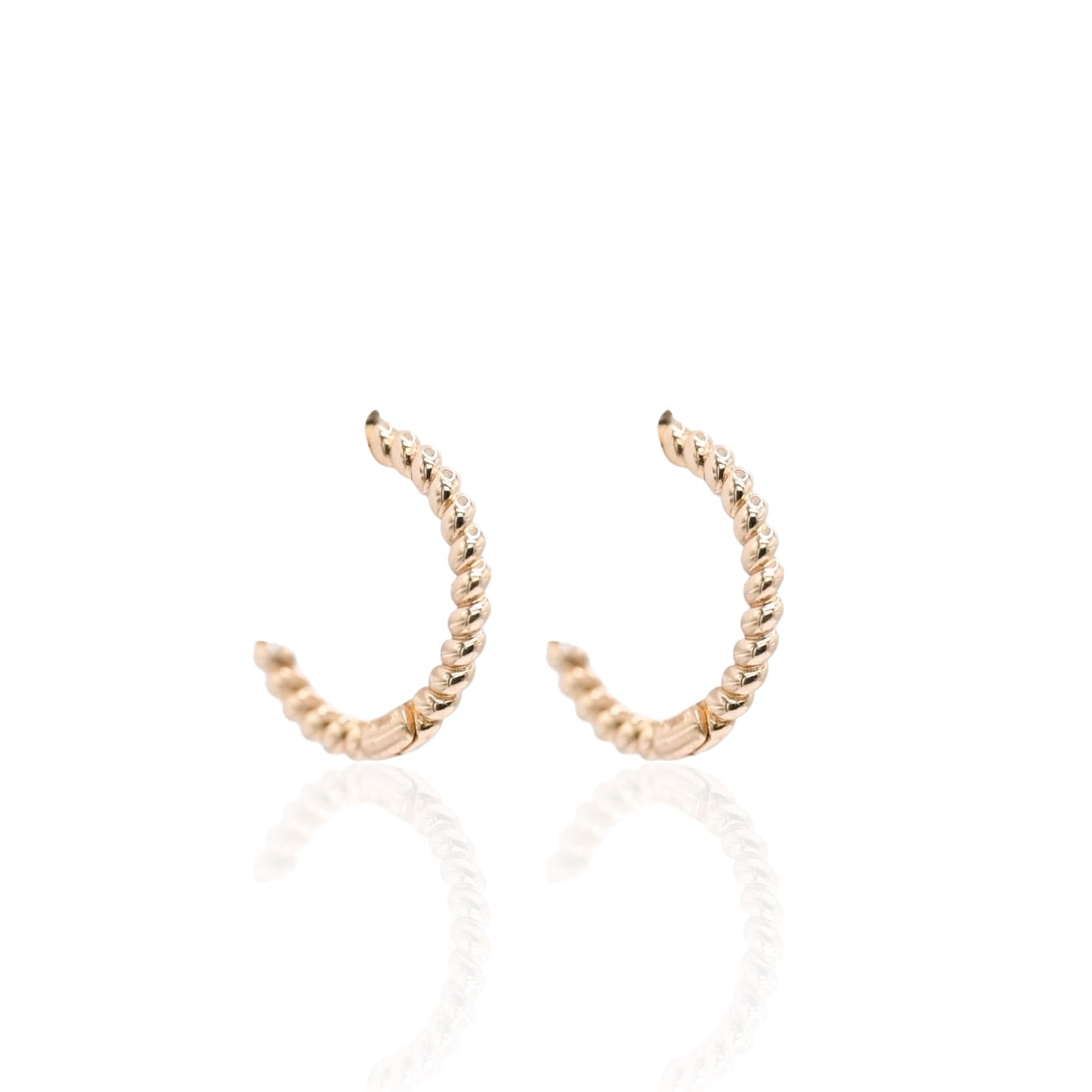 Beaded Twist Hoop Huggie Earrings 14K Yellow Gold 1.23mm Thick/11.36mm Diameter