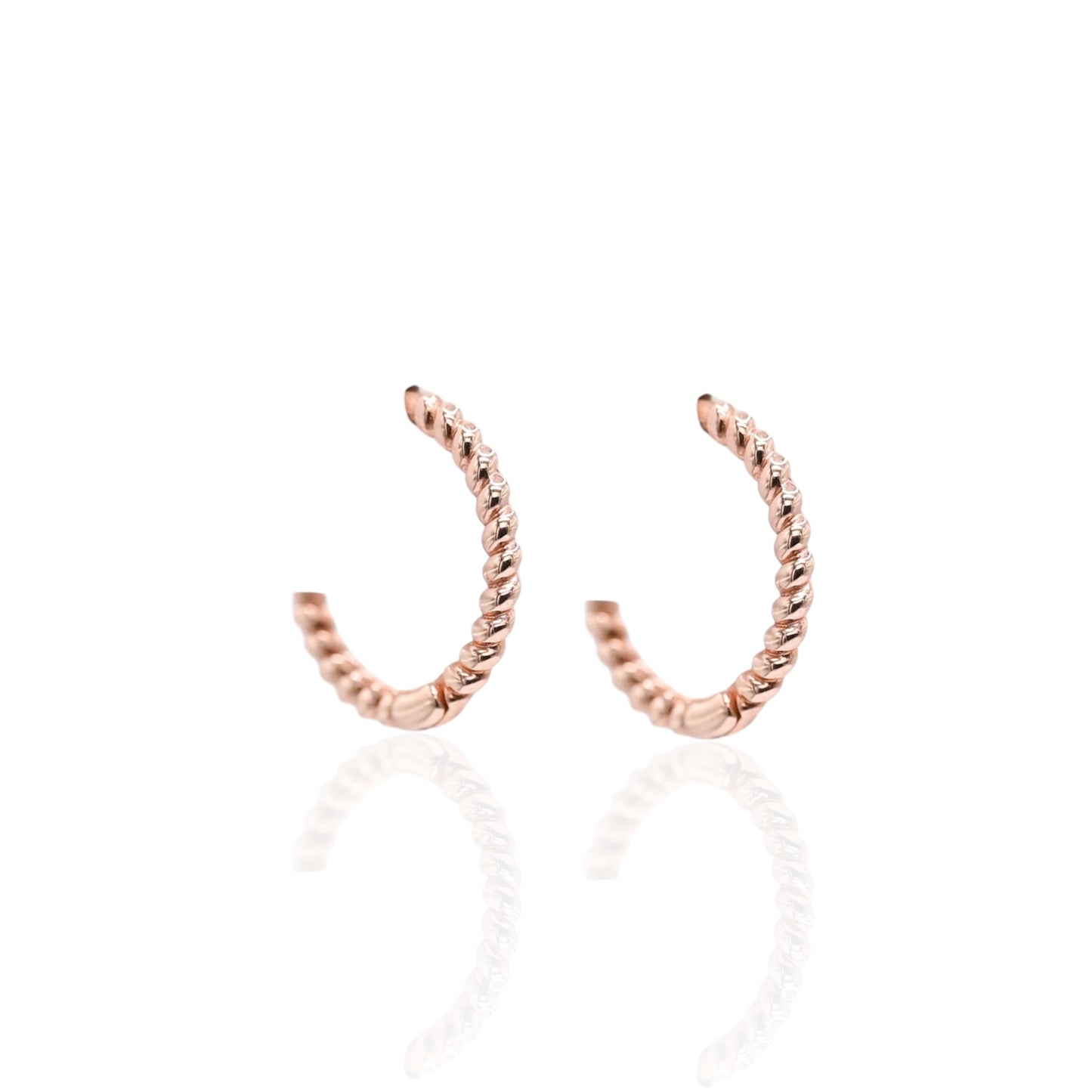 Beaded Twist Hoop Huggie Earrings 14K Rose Gold 1.8mm Thick/12.5mm Diameter