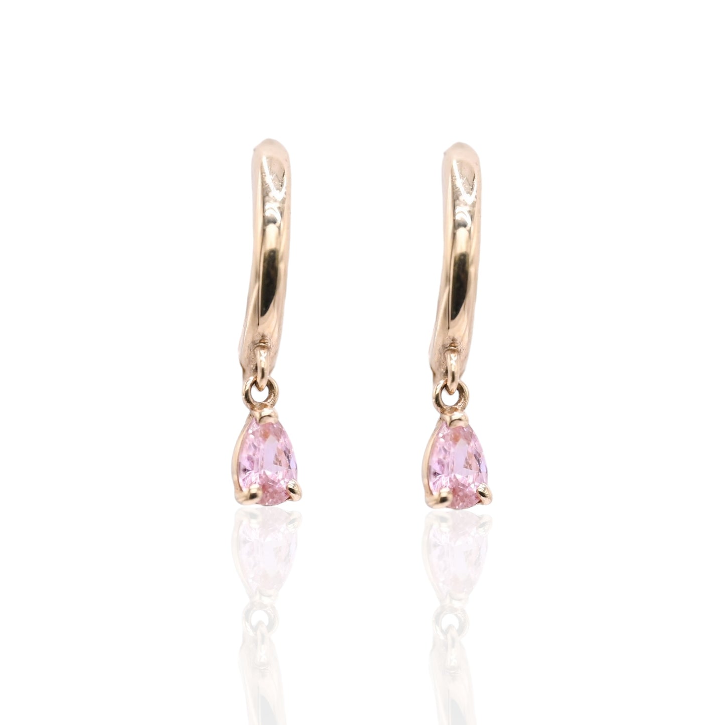 Pink Cubic Zirconia Drop Hoop Earrings 14K Yellow Gold 1.65mm Thick/10.68mm Diameter