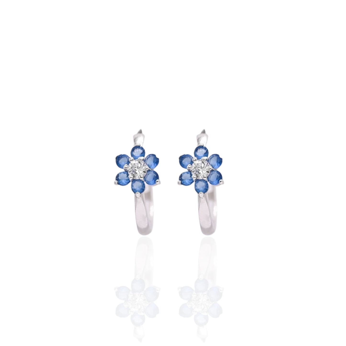 Blue and White Cubic Zirconias Flower Hoop Earrings 14K White Gold 1.90mm Thick/17.04mm Diameter