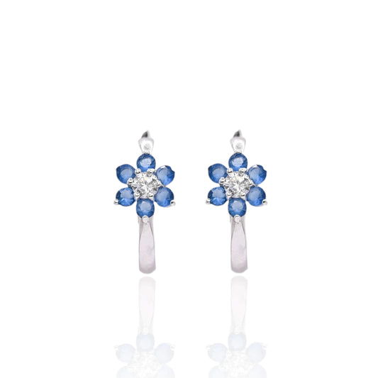 Blue and White Cubic Zirconias Flower Hoop Earrings 14K White Gold 1.90mm Thick/17.04mm Diameter
