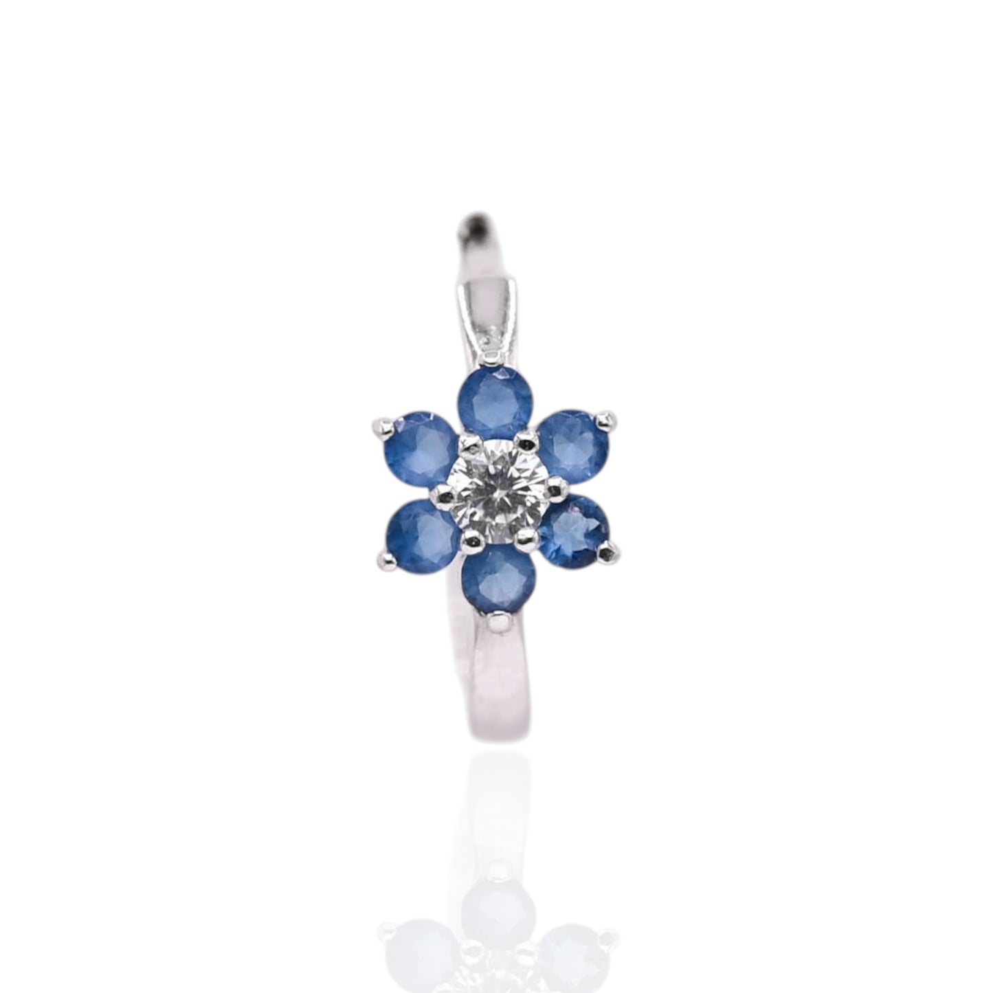 Blue and White Cubic Zirconias Flower Hoop Earrings 14K White Gold 1.90mm Thick/17.04mm Diameter