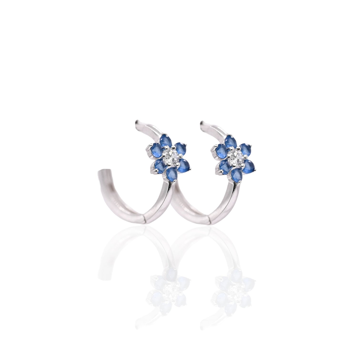 Blue and White Cubic Zirconias Flower Hoop Earrings 14K White Gold 1.90mm Thick/17.04mm Diameter