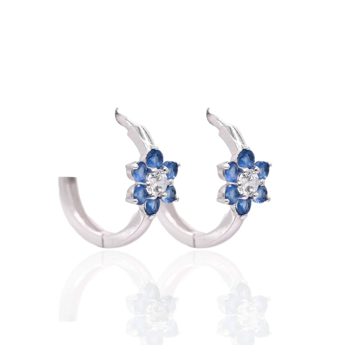 Blue and White Cubic Zirconias Flower Hoop Earrings 14K White Gold 1.90mm Thick/17.04mm Diameter