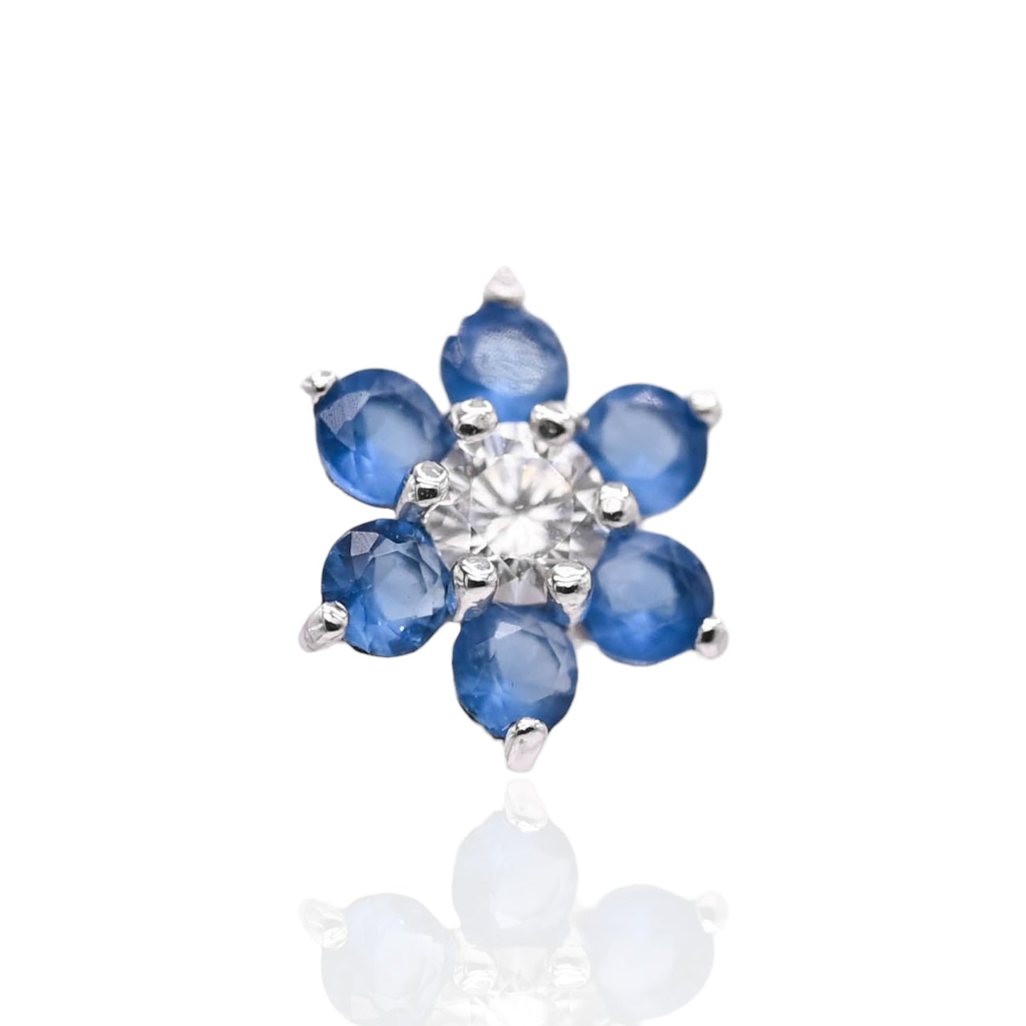 Blue and White Cubic Zirconias Flower Hoop Earrings 14K White Gold 1.90mm Thick/17.04mm Diameter