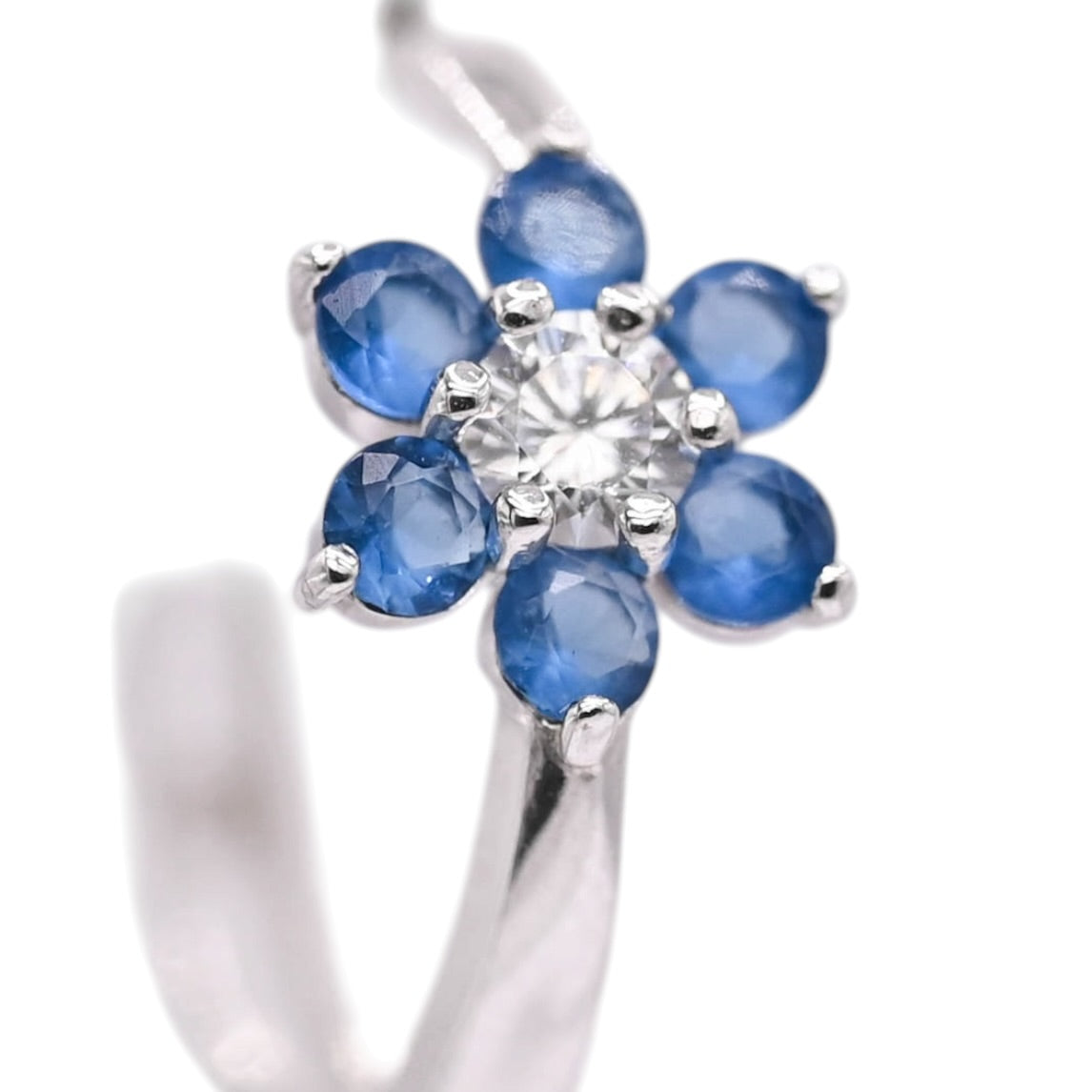 Blue and White Cubic Zirconias Flower Hoop Earrings 14K White Gold 1.90mm Thick/17.04mm Diameter