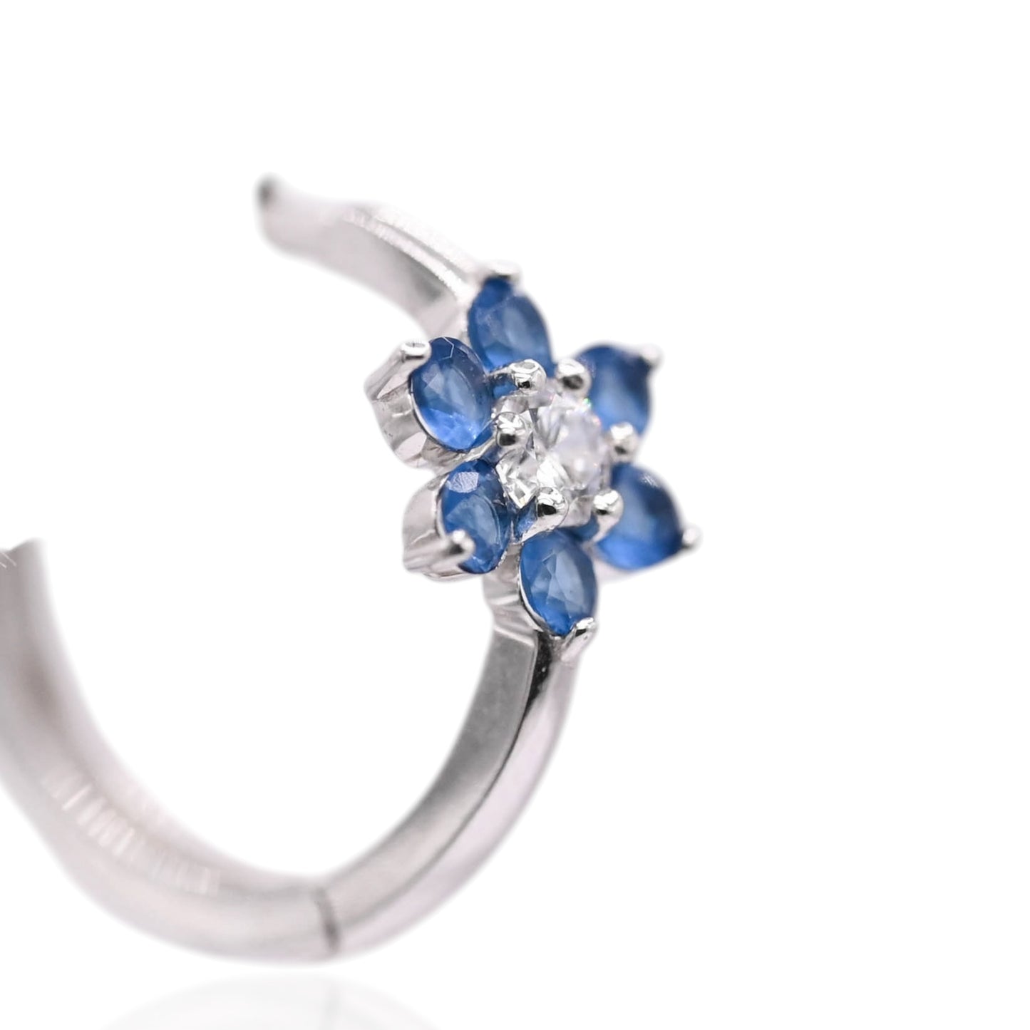 Blue and White Cubic Zirconias Flower Hoop Earrings 14K White Gold 1.90mm Thick/17.04mm Diameter