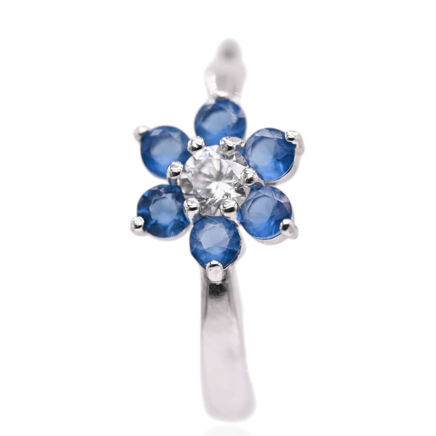 Blue and White Cubic Zirconias Flower Hoop Earrings 14K White Gold 1.90mm Thick/17.04mm Diameter