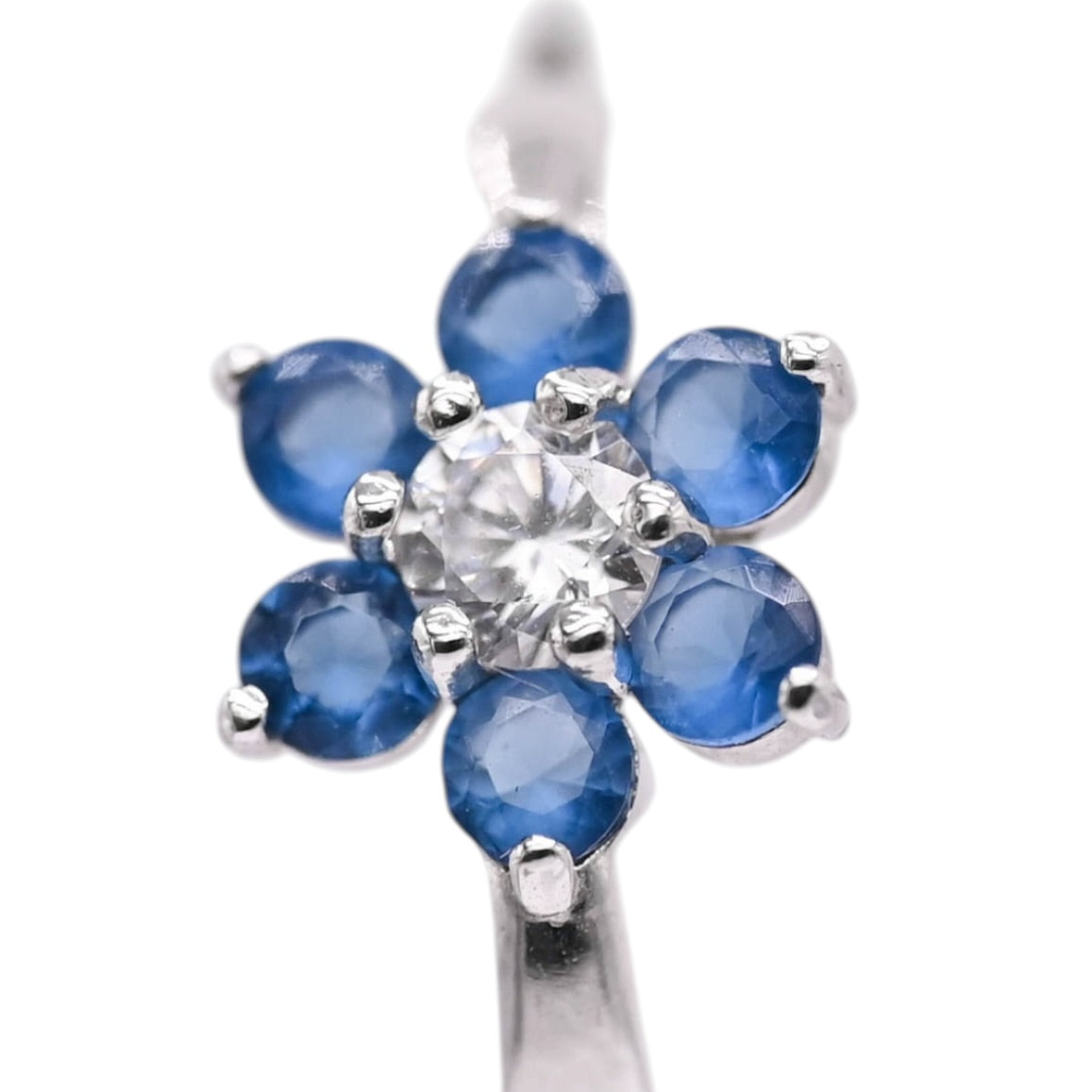 Blue and White Cubic Zirconias Flower Hoop Earrings 14K White Gold 1.90mm Thick/17.04mm Diameter