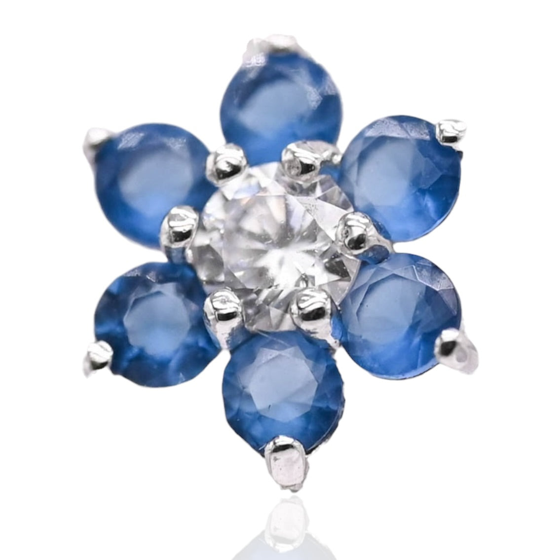 Blue and White Cubic Zirconias Flower Hoop Earrings 14K White Gold 1.90mm Thick/17.04mm Diameter