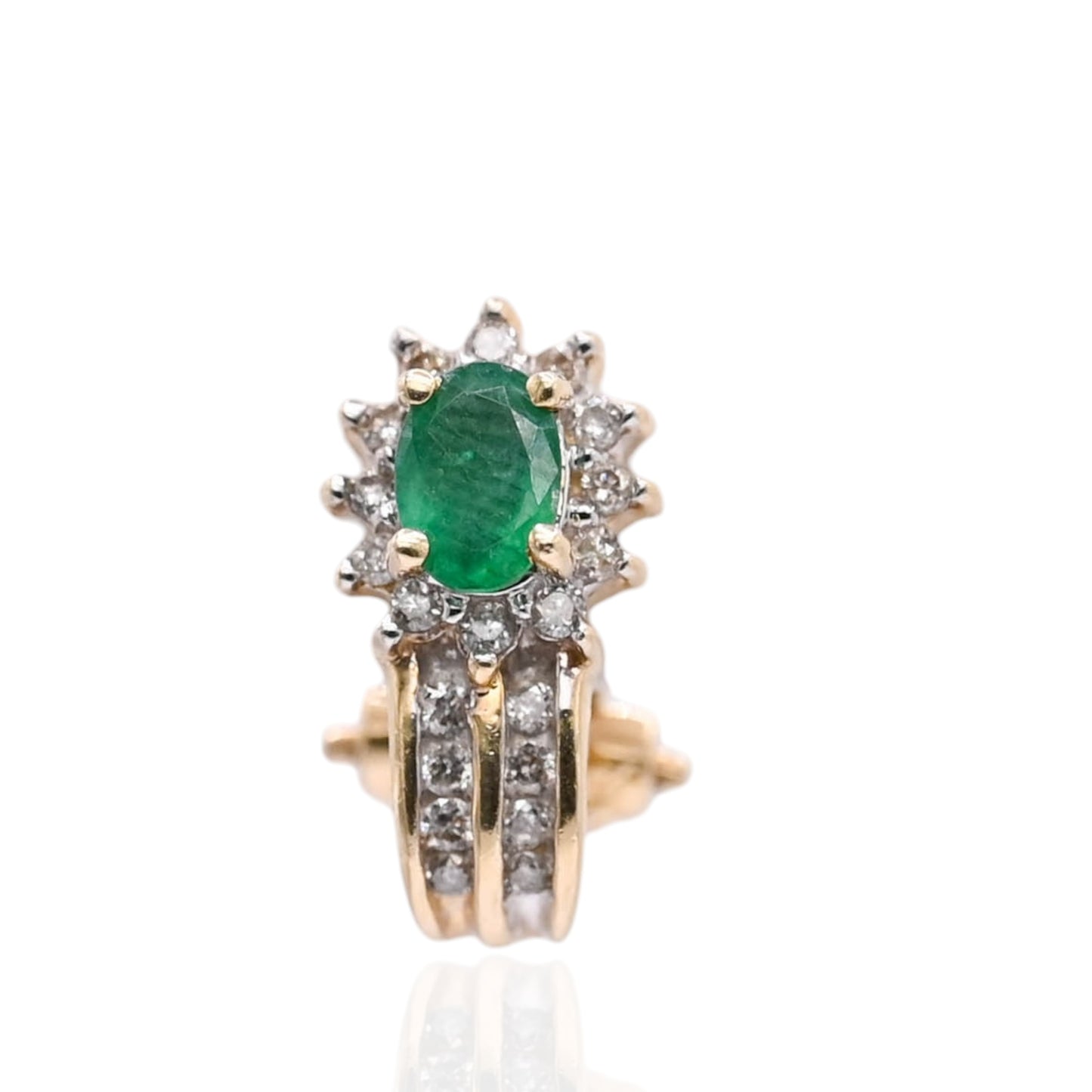 Emerald and Diamond Flower Omega Back Earrings 14K Yellow Gold 0.10cttw