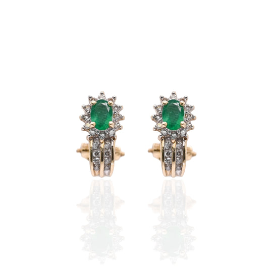 Emerald and Diamond Flower Omega Back Earrings 14K Yellow Gold 0.10cttw
