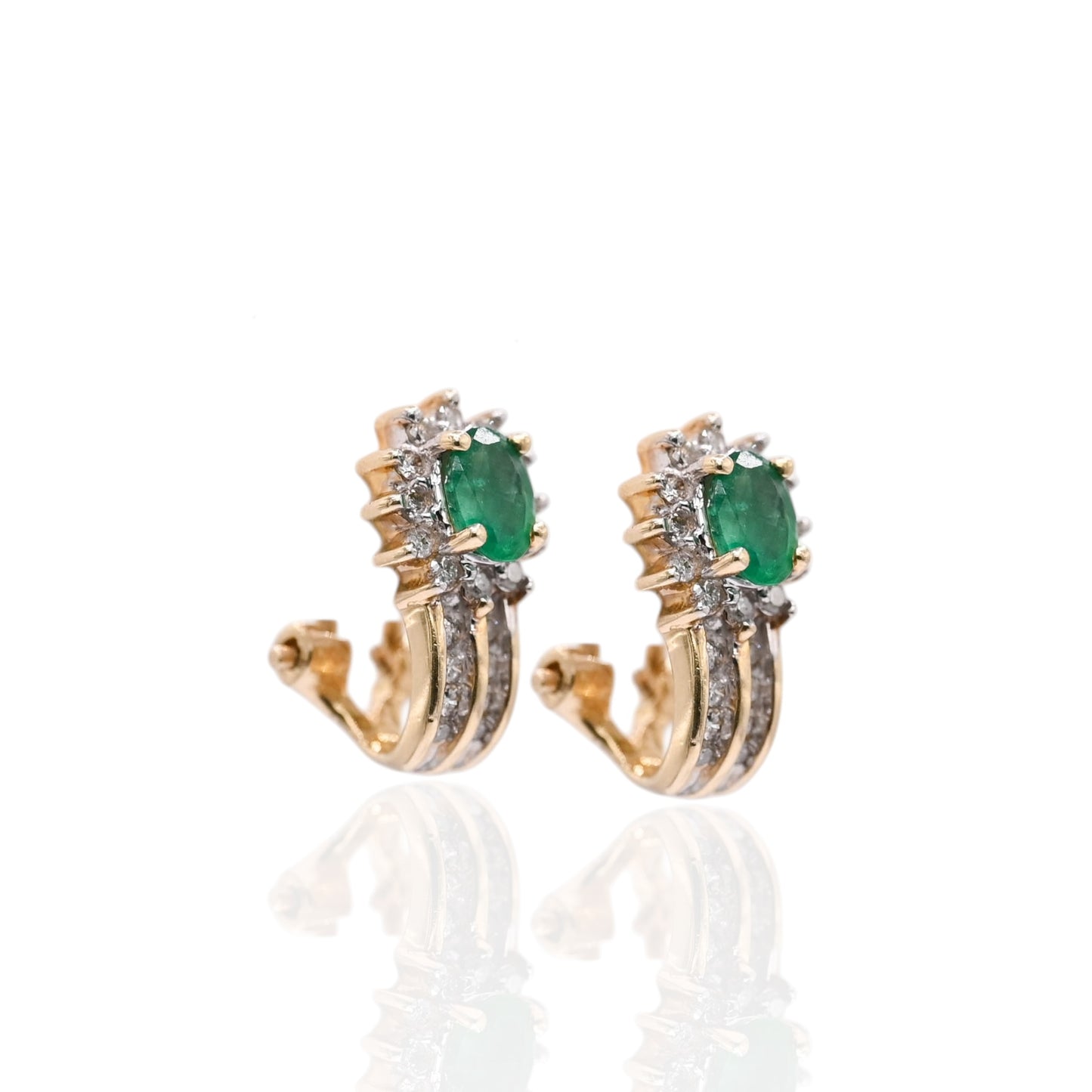 Emerald and Diamond Flower Omega Back Earrings 14K Yellow Gold 0.10cttw
