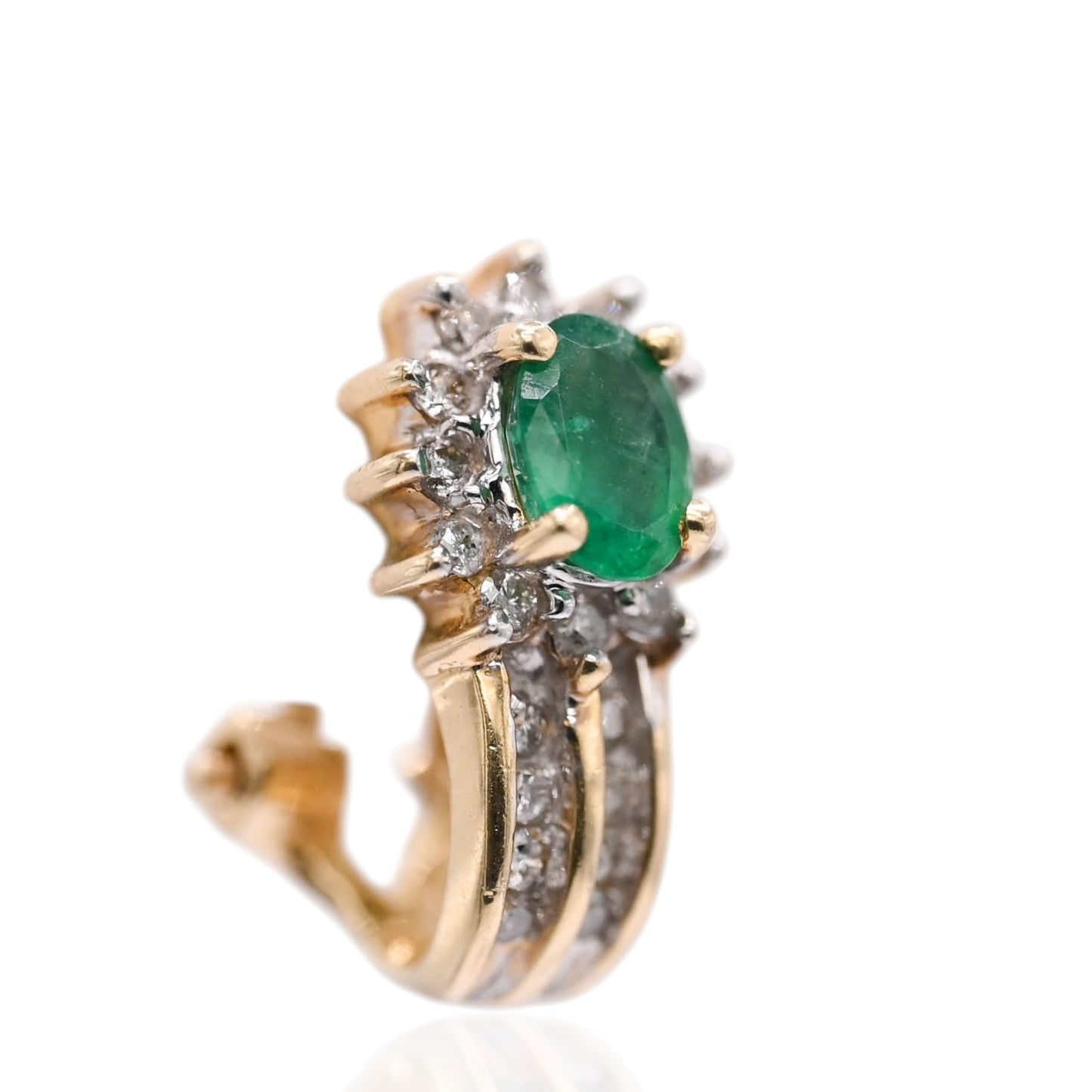 Emerald and Diamond Flower Omega Back Earrings 14K Yellow Gold 0.10cttw