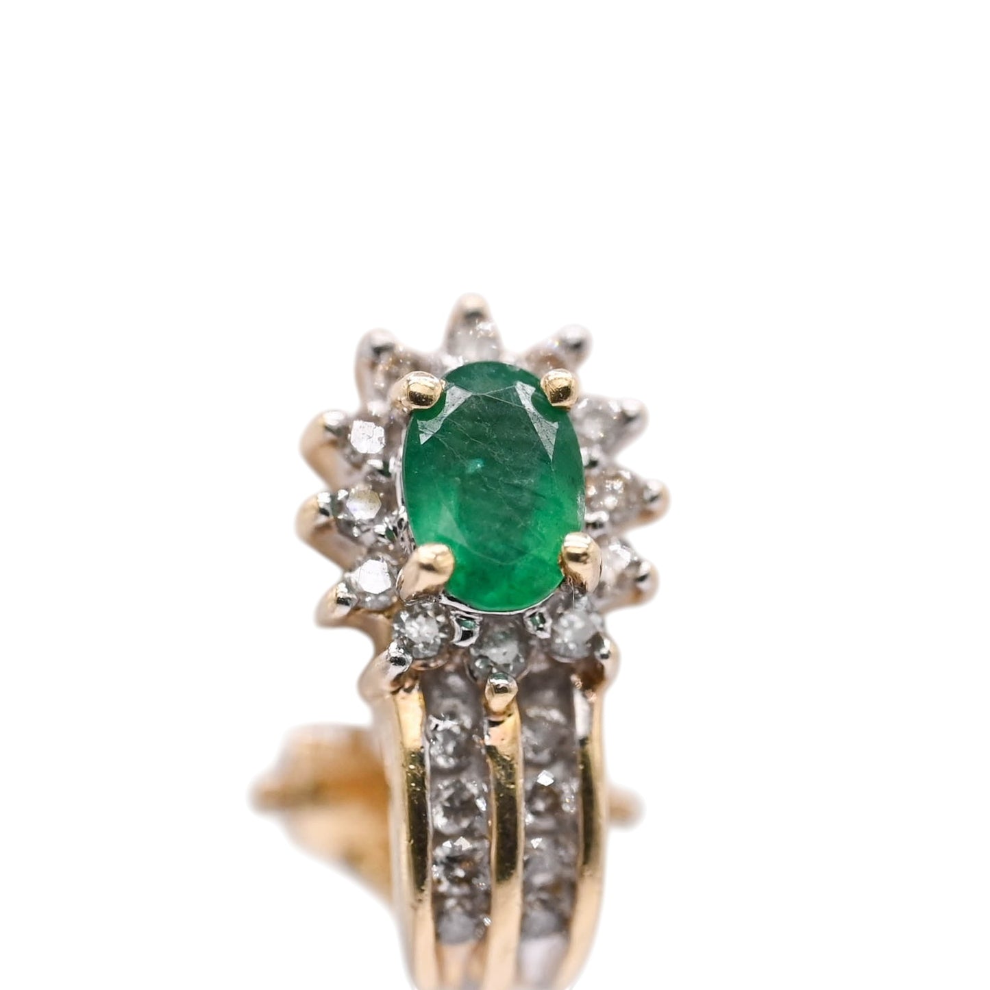 Emerald and Diamond Flower Omega Back Earrings 14K Yellow Gold 0.10cttw