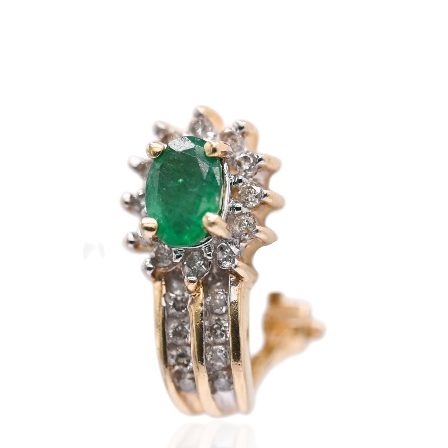 Emerald and Diamond Flower Omega Back Earrings 14K Yellow Gold 0.10cttw