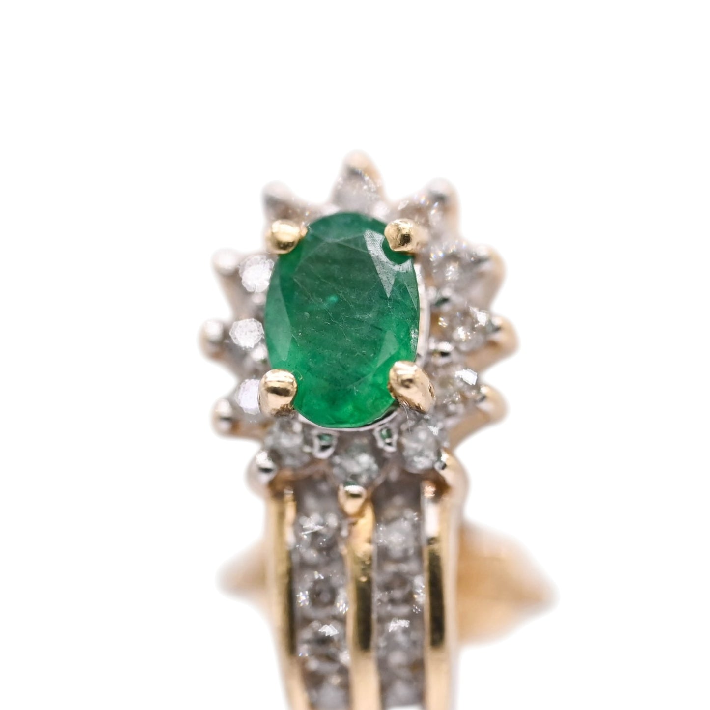Emerald and Diamond Flower Omega Back Earrings 14K Yellow Gold 0.10cttw