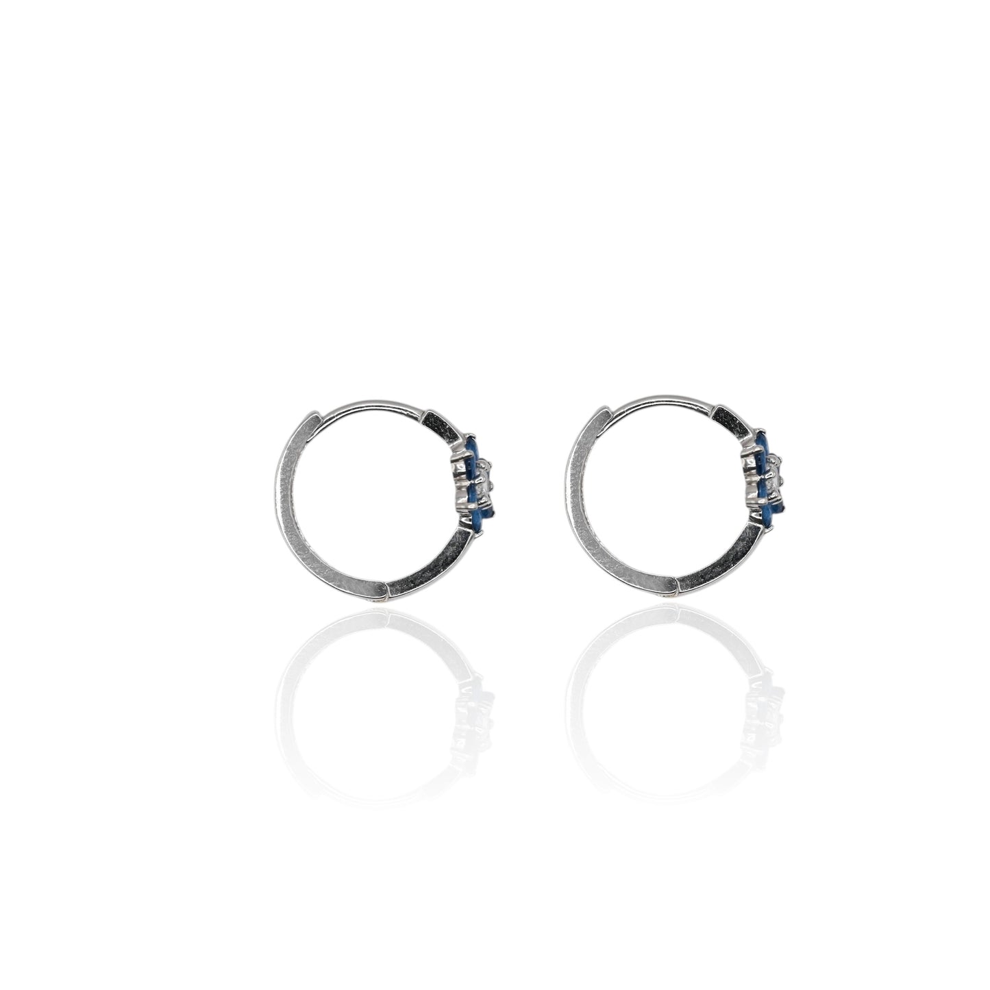Blue and White Cubic Zirconias Flower Hoop Earrings 14K White Gold 1.90mm Thick/17.04mm Diameter