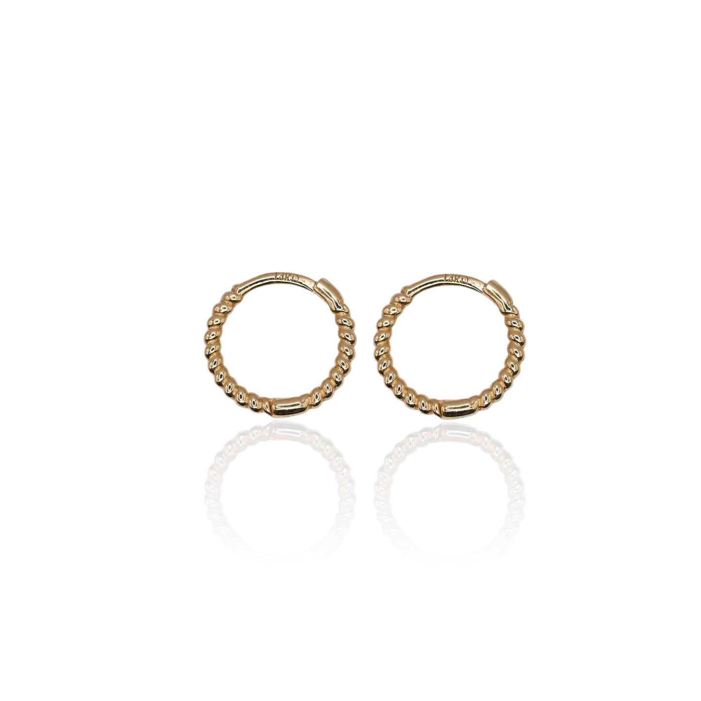 Beaded Twist Hoop Huggie Earrings 14K Yellow Gold 1.23mm Thick/11.36mm Diameter