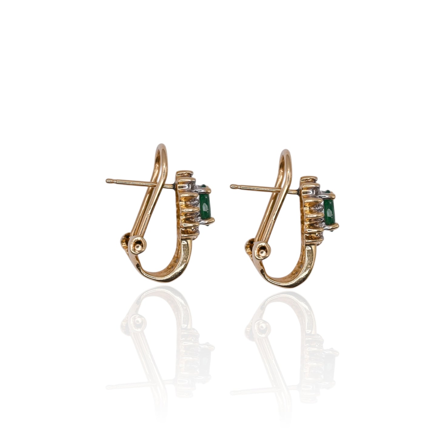 Emerald and Diamond Flower Omega Back Earrings 14K Yellow Gold 0.10cttw