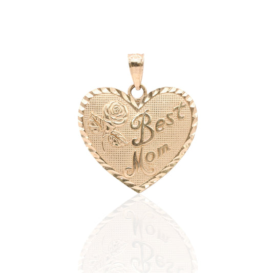 Vintage Inspired Best Mom Heart Pendant 14K Yellow Gold