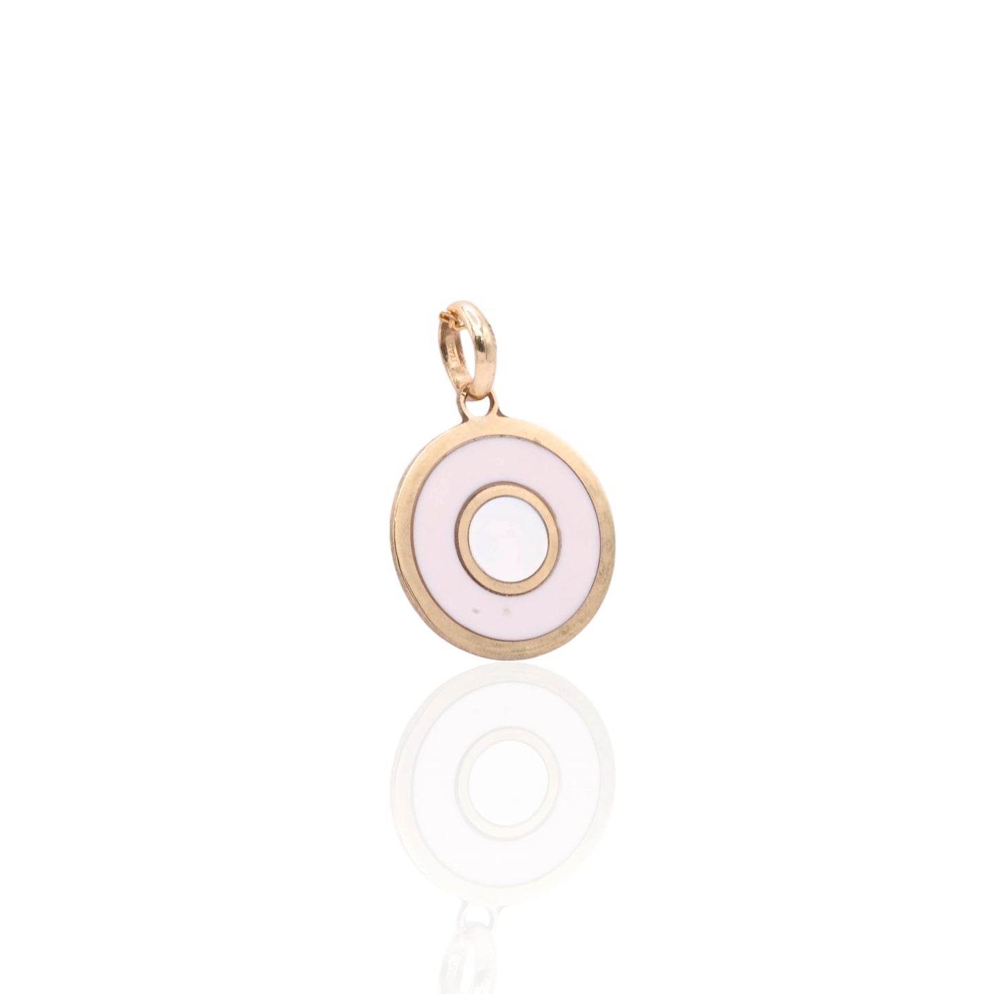 Mother of Pearl and Pink Enamel Round Pendant 14K Yellow Gold