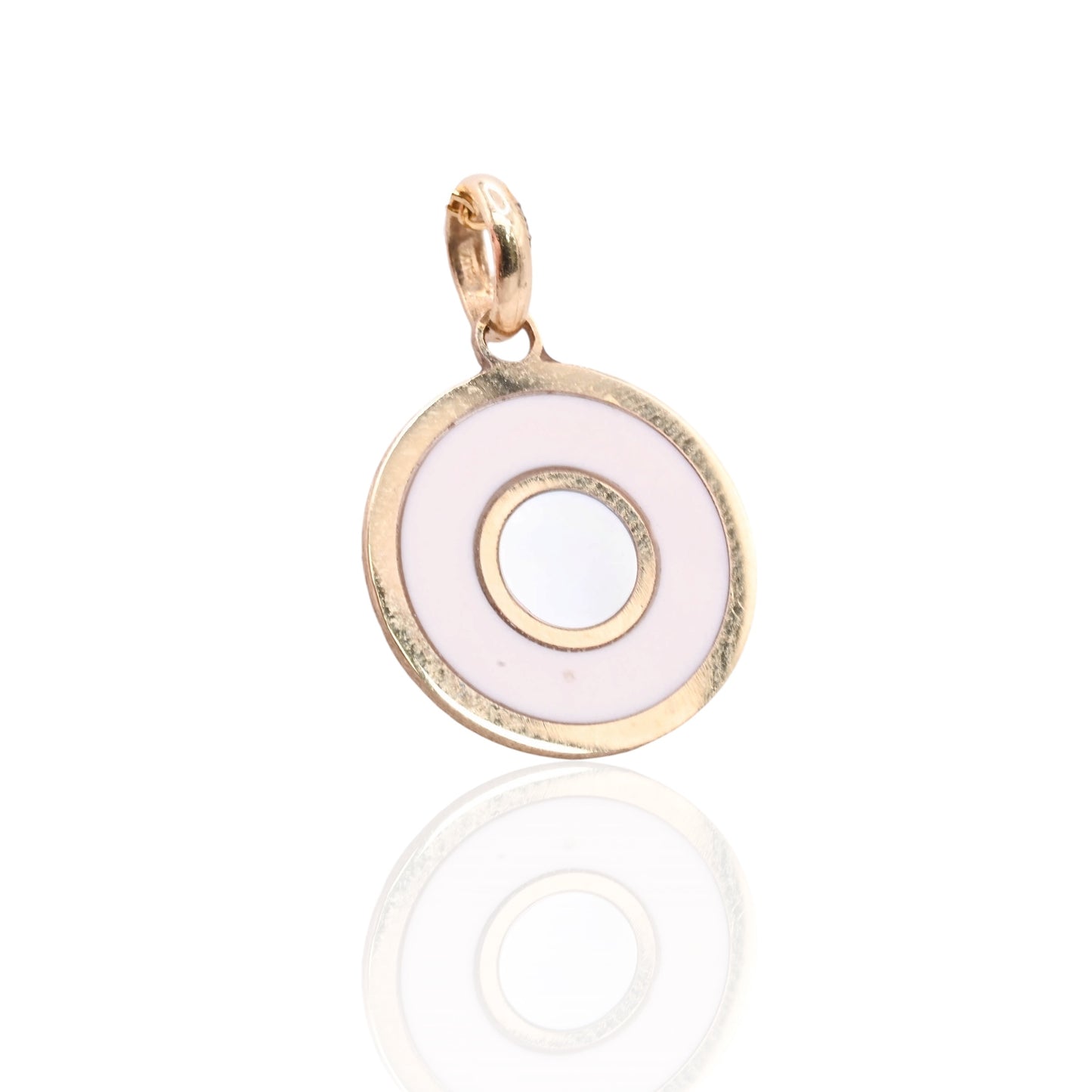 Mother of Pearl and Pink Enamel Round Pendant 14K Yellow Gold