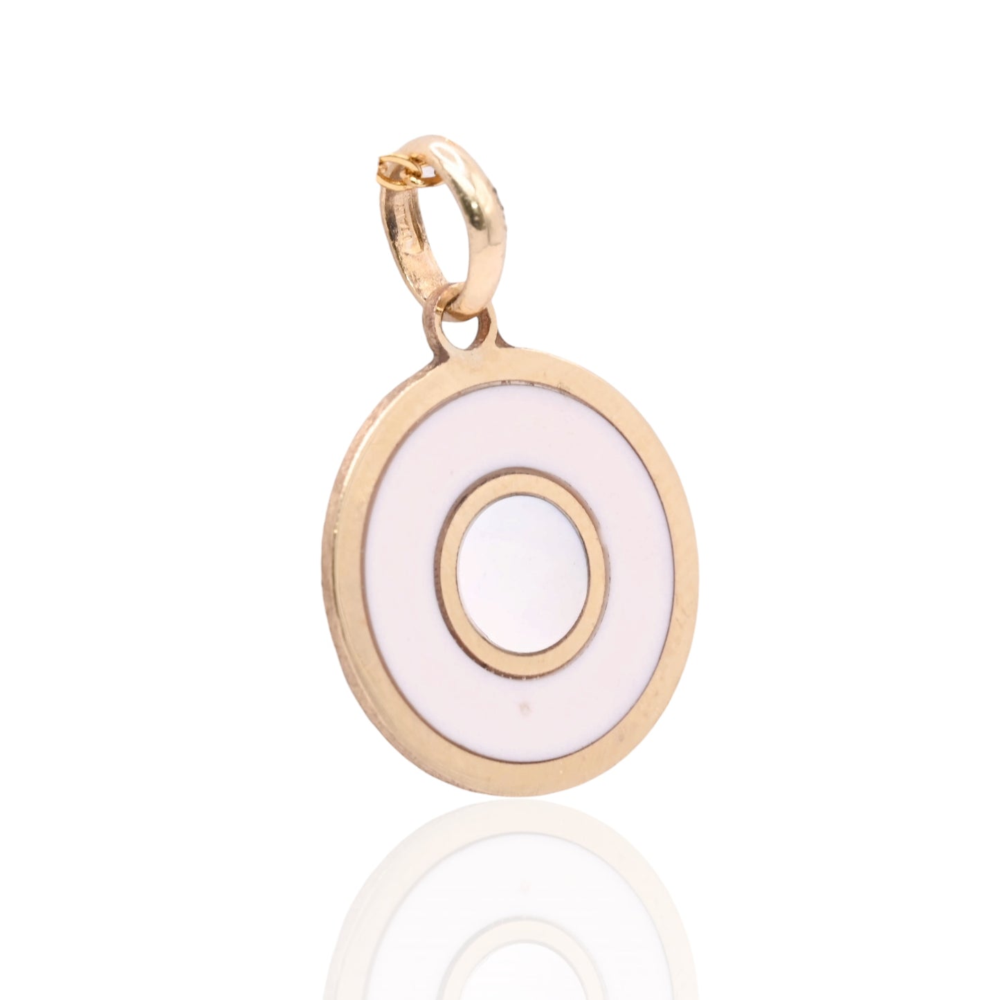 Mother of Pearl and Pink Enamel Round Pendant 14K Yellow Gold