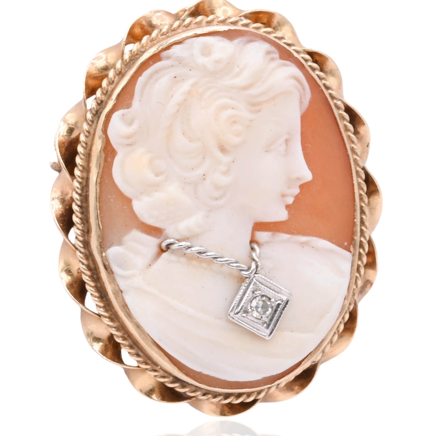 Lady in Necklace Cameo Pendant with Diamond 14K Yellow Gold with Pin Backing