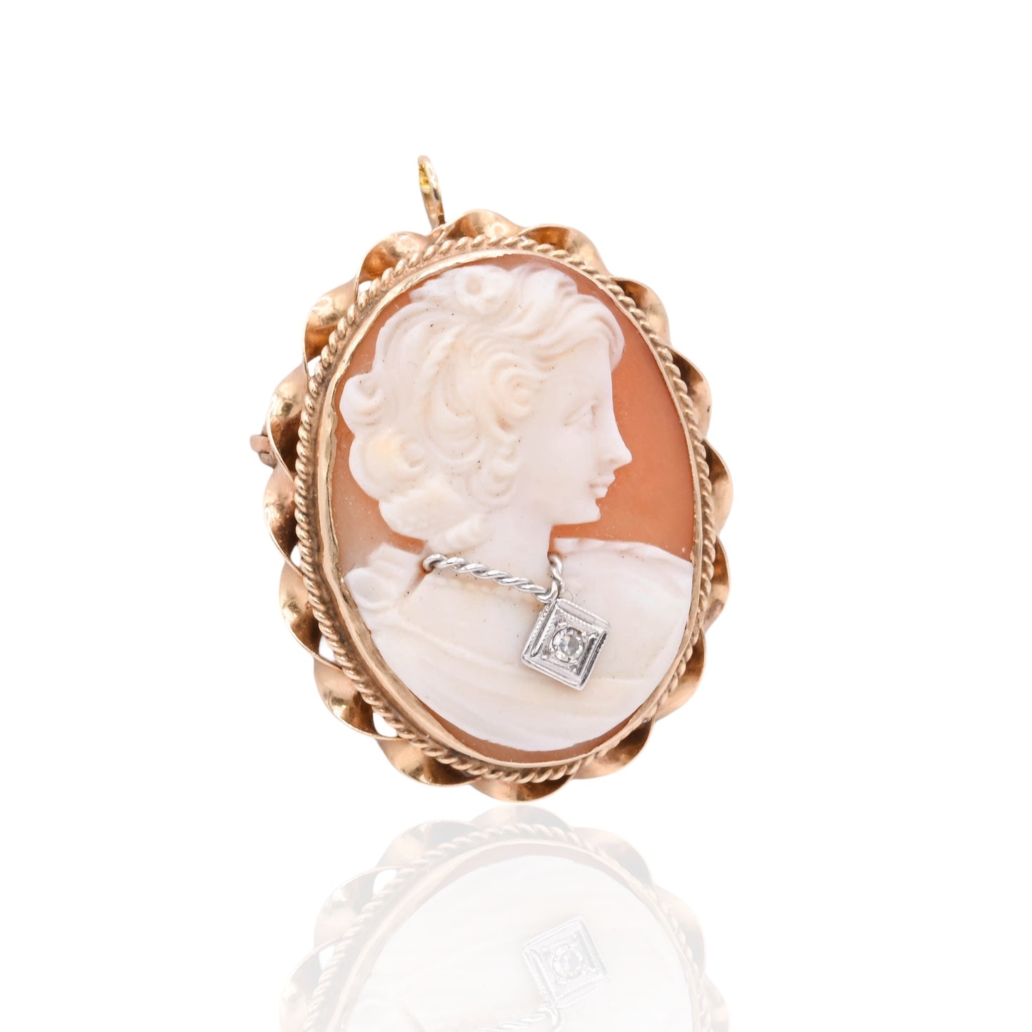 Lady in Necklace Cameo Pendant with Diamond 14K Yellow Gold with Pin Backing