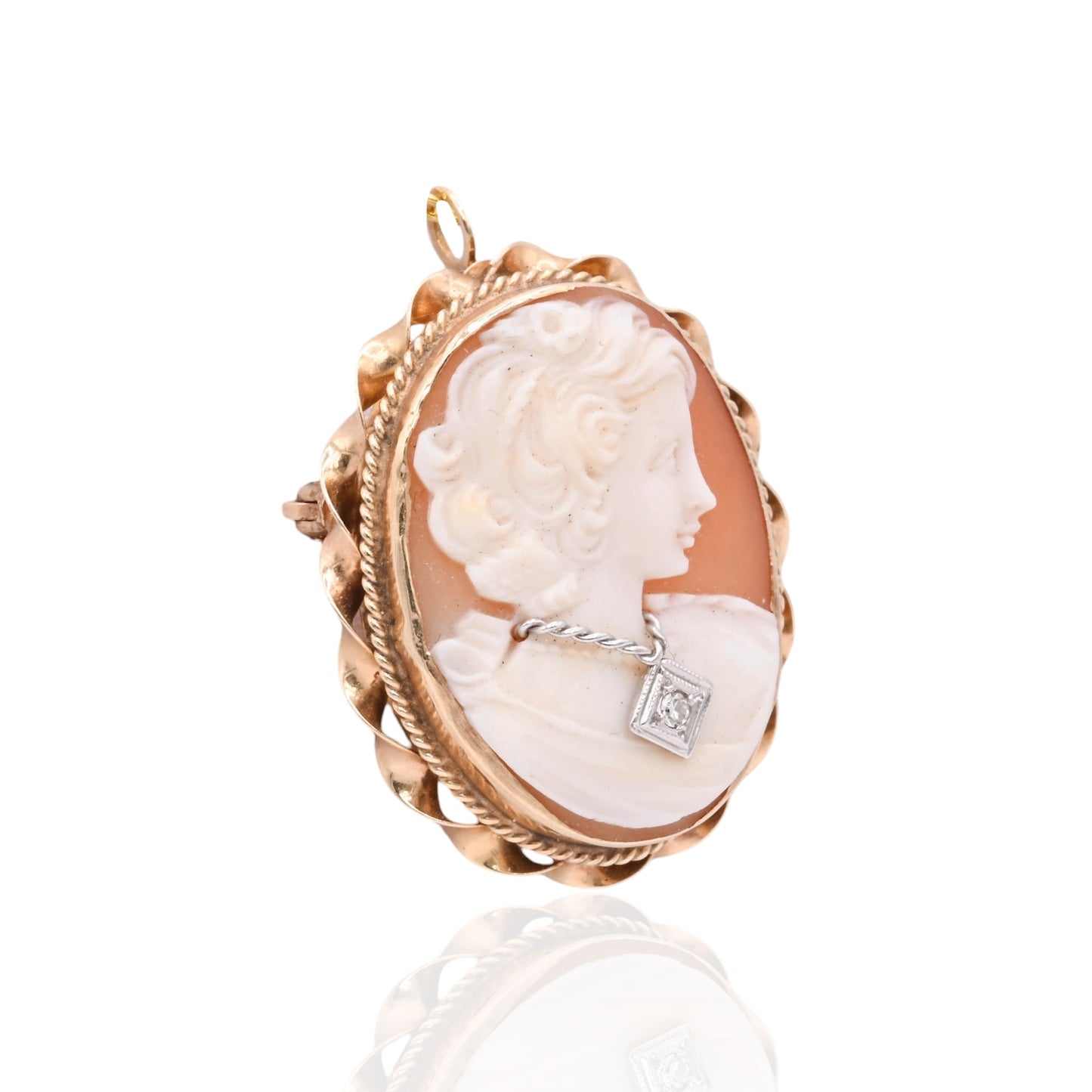 Lady in Necklace Cameo Pendant with Diamond 14K Yellow Gold with Pin Backing