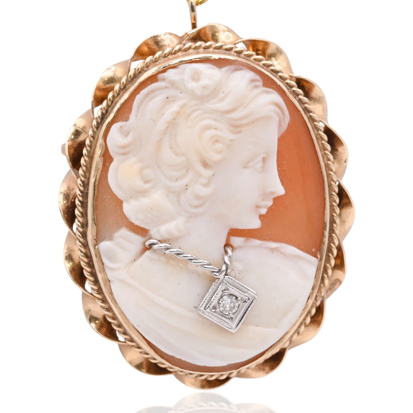 Lady in Necklace Cameo Pendant with Diamond 14K Yellow Gold with Pin Backing