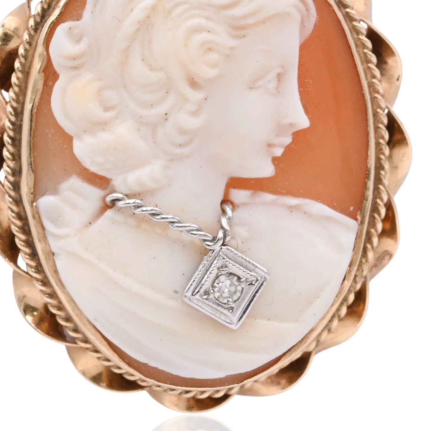 Lady in Necklace Cameo Pendant with Diamond 14K Yellow Gold with Pin Backing